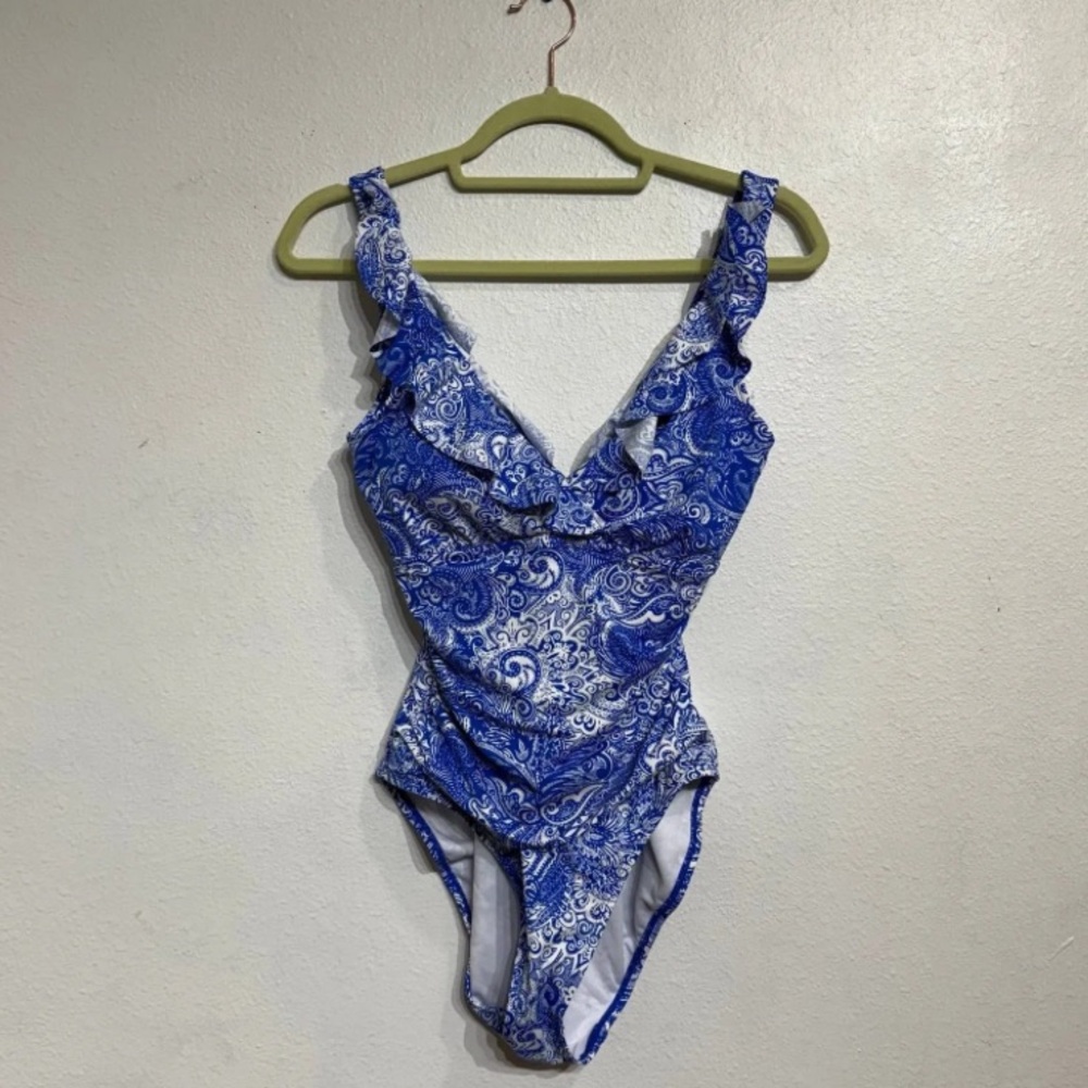 Ralph Lauren Artisanal Woodblock Ruffled Tummy-Control One Piece Swimsuit Size 6